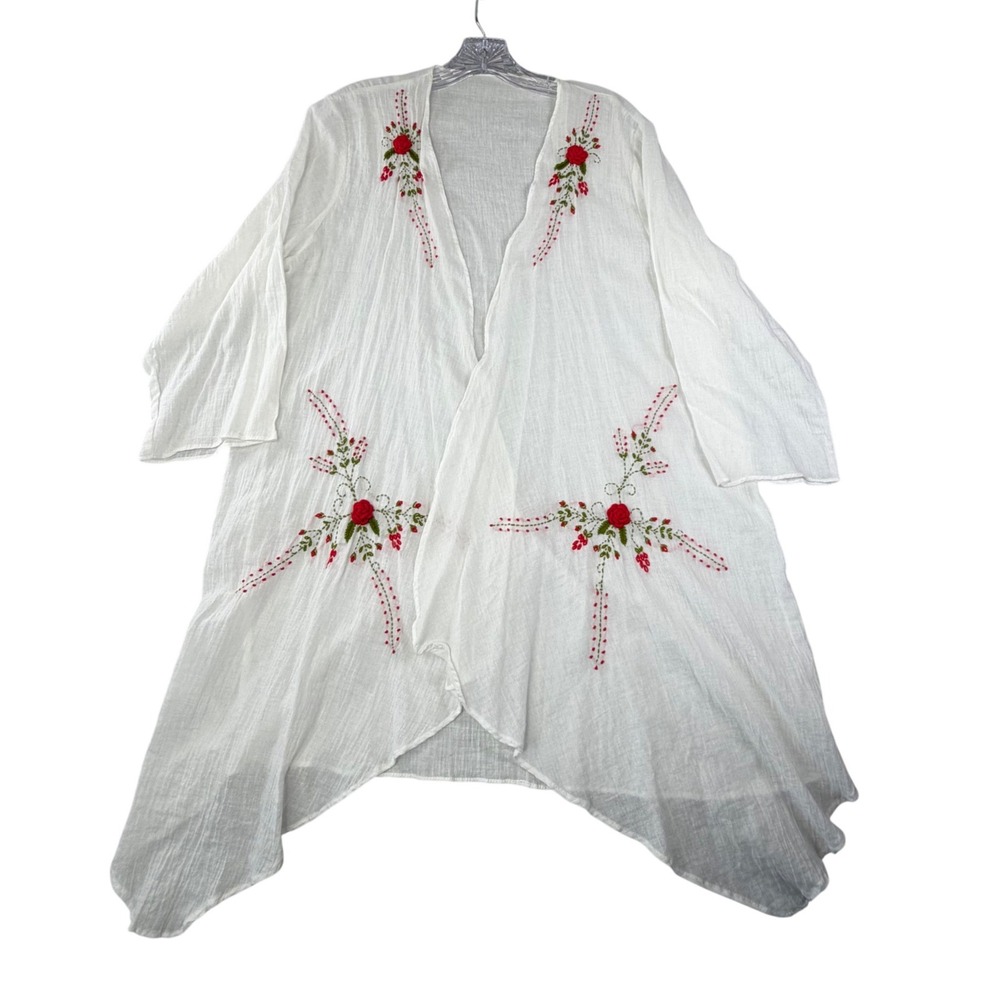 White Cotton Gauze Embroidered Cardigan Floral Soft Romantic‎ Lagenlook Asym Hem